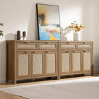 SICOTAS Rattan Sideboard Buffet Cabinet with Storage, Boho Credenza Accent Cabinet with 3 Doors and 2 Drawers, Farmhouse Console Coffee Bar for Kitchen, Living Room, and Entryway, Caramel Oak