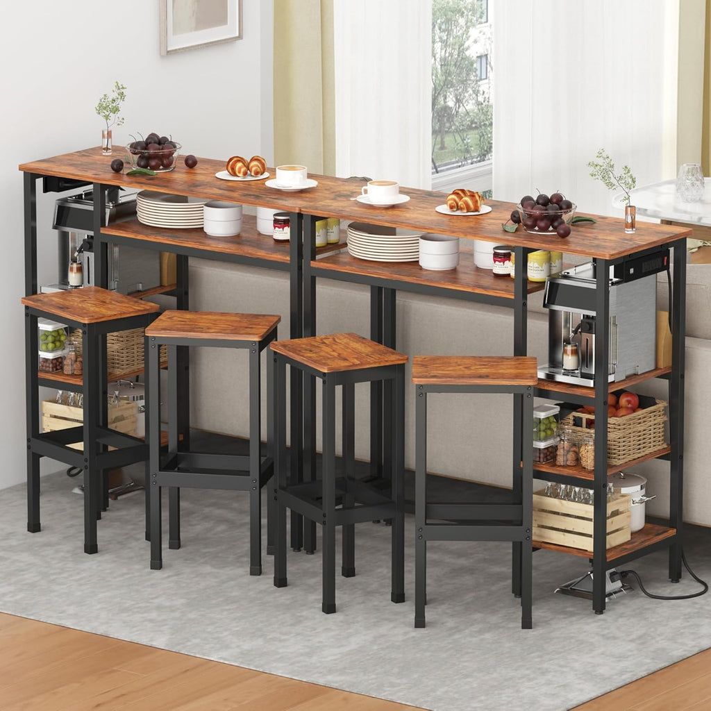 3-Piece Bar Table and Chairs Set,Counter Height Bar Table Set with Power Outlets and Storage Shelves,Dining Table Set with 2 Chairs,Industrial Table Chairs Set for Bar,Kitchen,Apartment