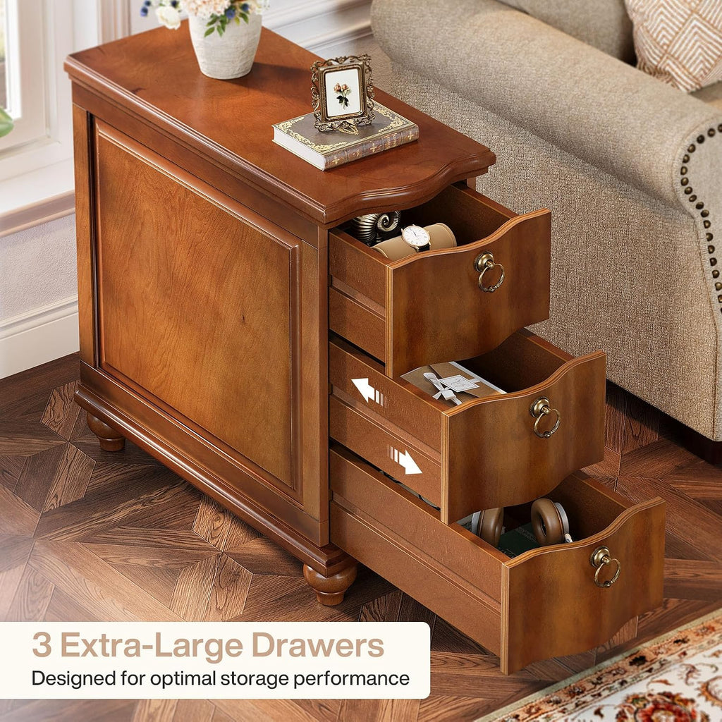 Tribesigns Wood Fully Assembled End Table, 3-Drawers Narrow Slim Side Table, No Assembly Required, Nightstand for Bedside, Small Spaces, Living Room, Bedroom, Walnut Brown
