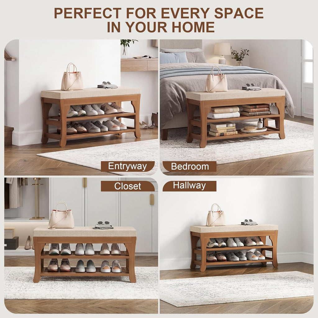 PETKABOO 27.6" Shoe Storage Bench with Cushion, Bamboo Shoe Rack Bench, 2-Tier Entryway Shoe Organizer, Supports up to 350 LB, for Hallway, Bedroom, Closet, Living Room