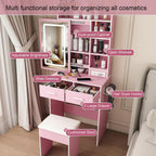 Small Vanity Desk Set with Mirror and Adjustable LED Lights, Compact Pink Dressing Table with Built-in Power Outlet and Hidden Storage, Padded Stool & Shelf, Space-Saving Makeup Table for Bedrooms