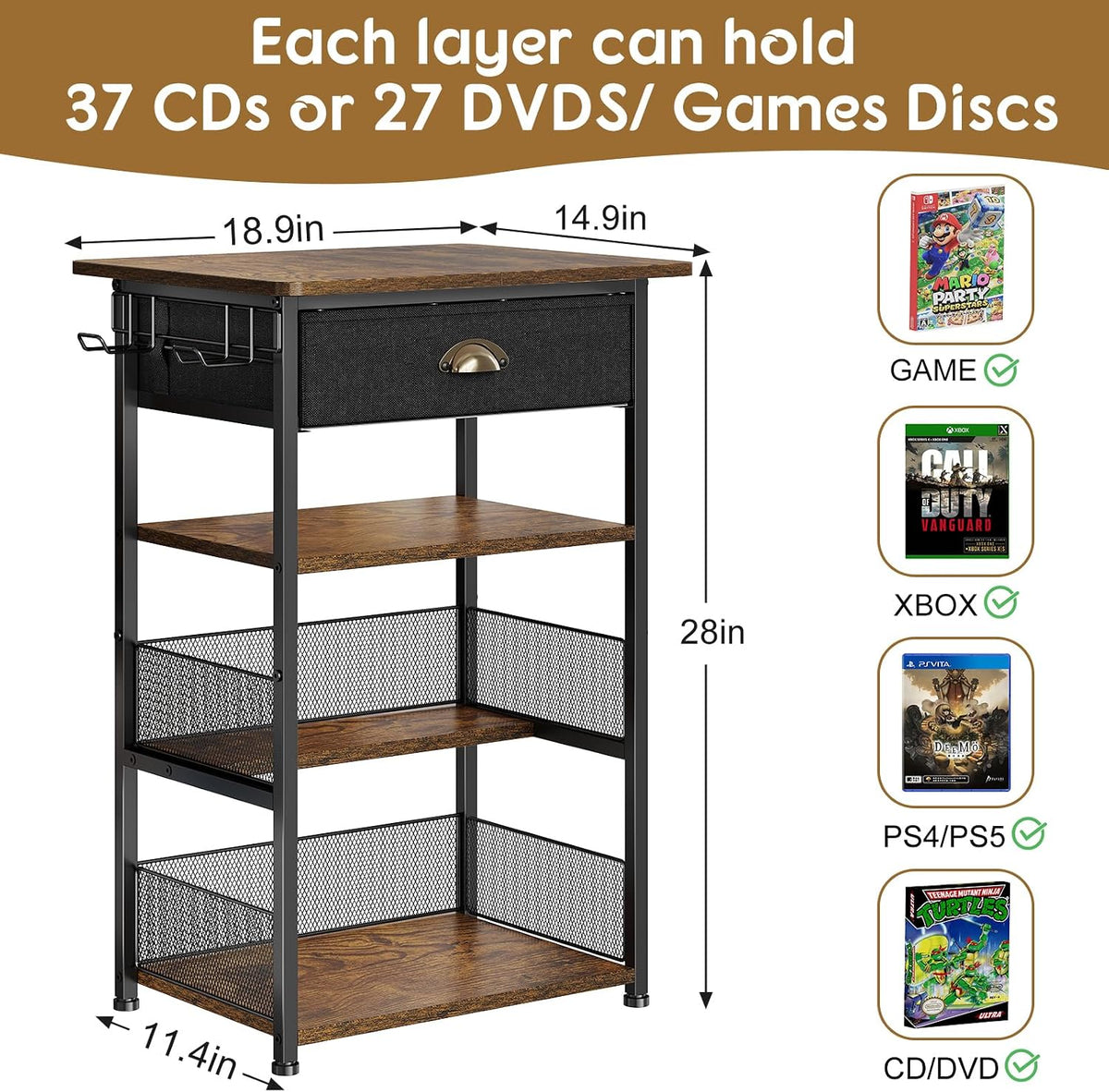 Hongtamoya 4-Tier AV Media Stand with Drawer, Gaming Console Shelf | Audio Rack Tower with 2 Hooks for PS5, Xbox, Switch, DVD Player, Record Player, Projector and TV Accessories Storage