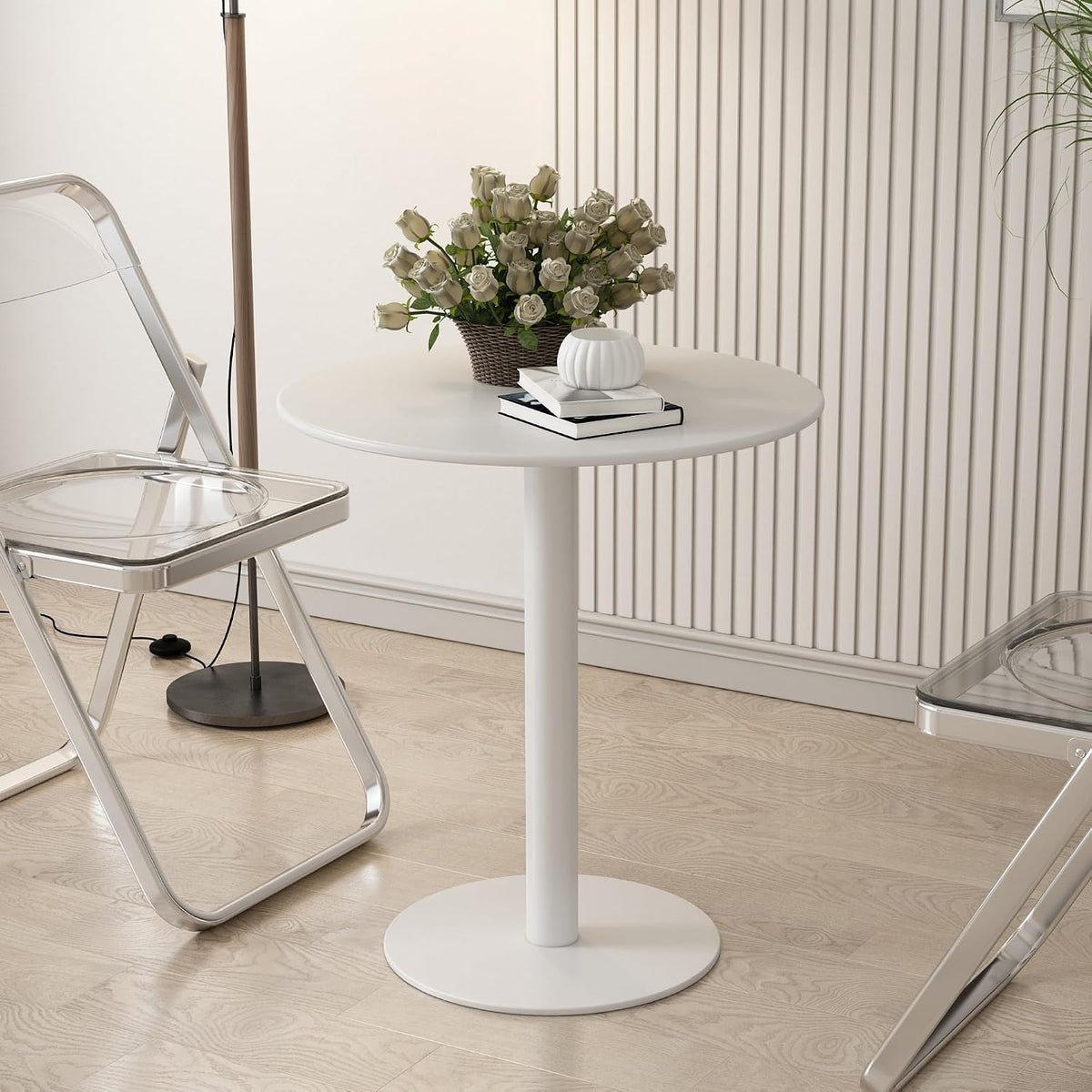 Round Dining Table 24" Circle Tulip Table with Metal Thickened Tabletop & Sturdy Metal Pedestal Mid Century Modern Leisure Bistro Kitchen Tables 2 People Small Places Living Room Cafe,White