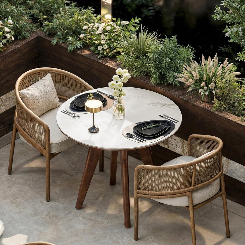 31.5" Round Dining Table, Modern Sintered Stone Kitchen Table with Solid Wood Legs for Dining Room, Living Room, Small Space, Glossy White & Brown