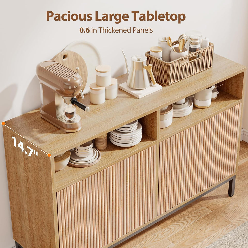 Mericonia Farmhouse Buffet Sideboard Cabinet with Storage, Fluted Coffee Bar with Doors and Adjustable Shelves, Modern Wood Console Cabinet for Kitchen, Livingroom (Fluted 4 Door, Natural)