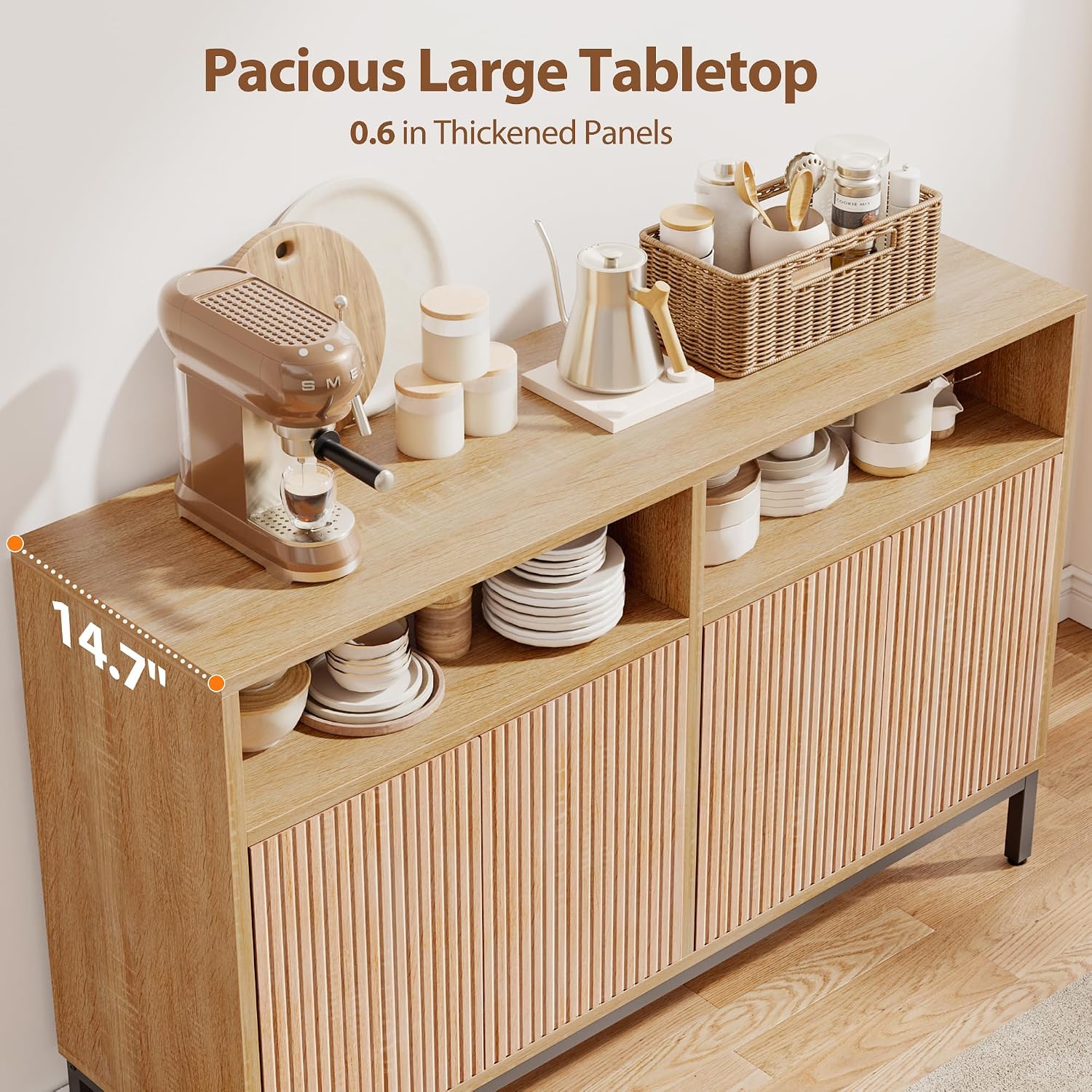 Mericonia Farmhouse Buffet Sideboard Cabinet with Storage, Fluted Coffee Bar with Doors and Adjustable Shelves, Modern Wood Console Cabinet for Kitchen, Livingroom (Fluted 4 Door, Natural)