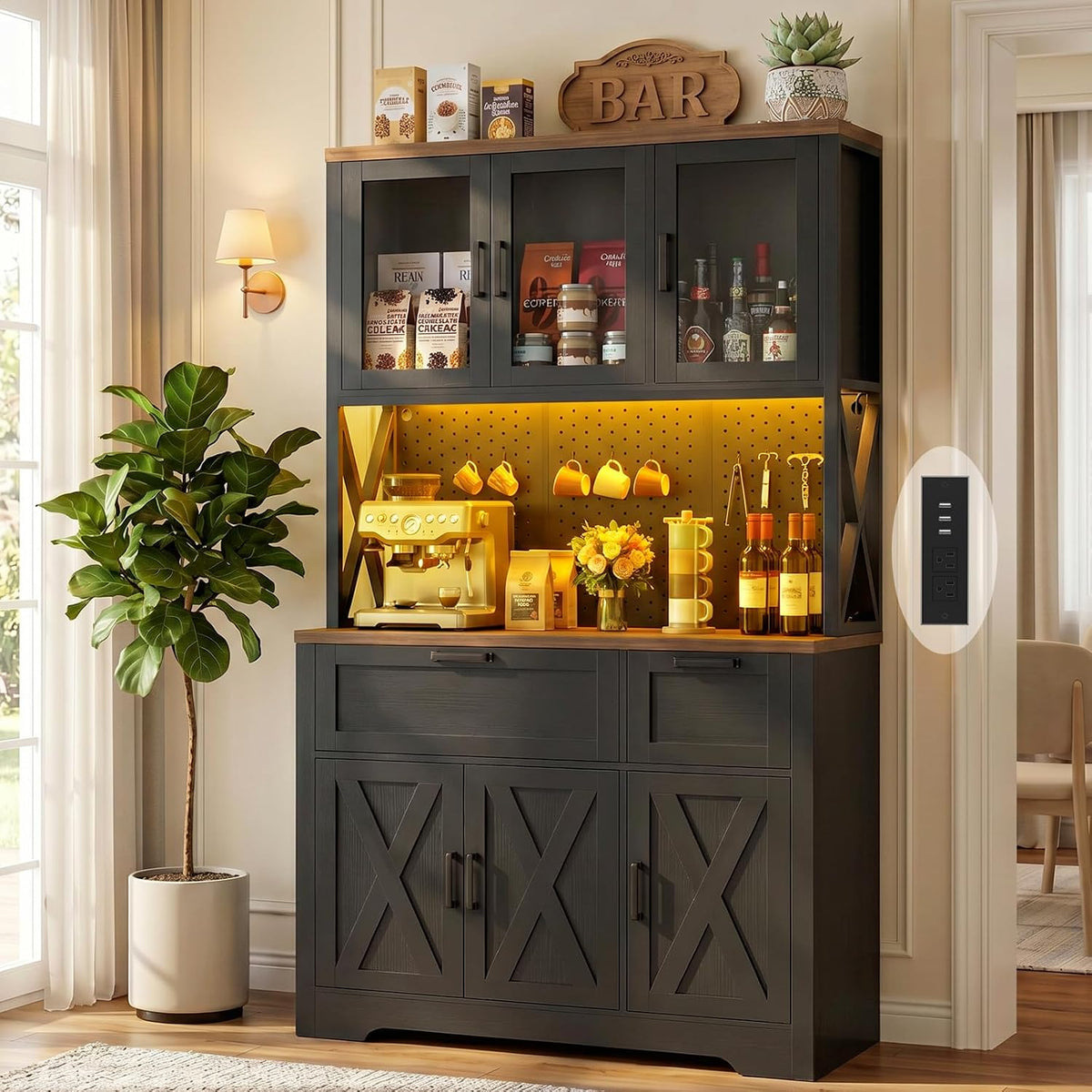 Unikito 71" Tall Pantry Cabinet with Charging Station & LED Lights, Black | Kitchen Pantry Storage Cabinet,Farmhouse Freestanding Microwave Stand Coffee Bar Hutch, Drawers, DIY Pegboard, Dining Room