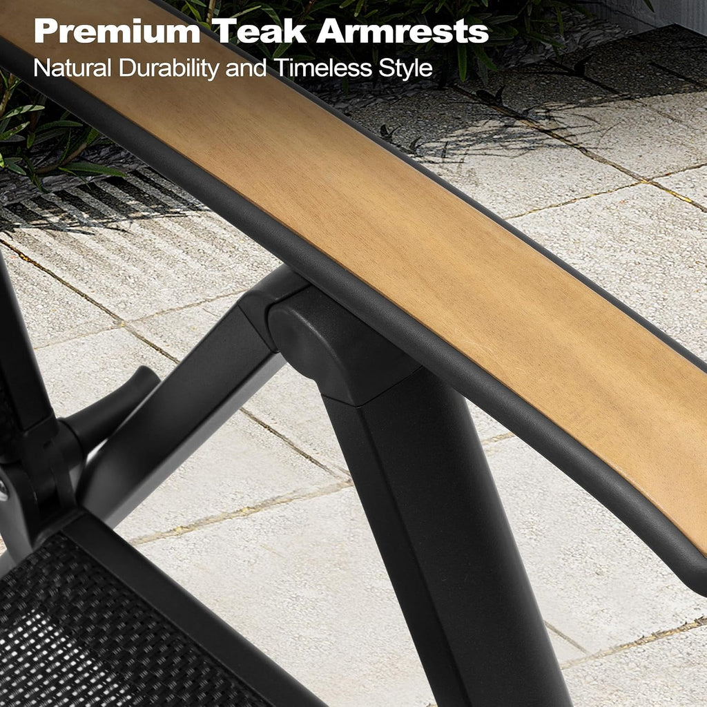 Folding Patio Chairs Set of 2, Aluminum High Back Outdoor Recliners with Teak Armrests, No Assembly Required, Adjustable