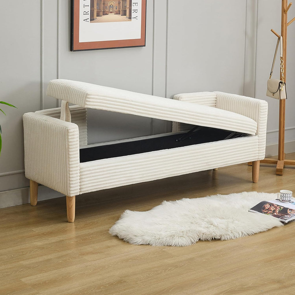 Corduroy Bed End Ottoman Bench with Storage,Upholstered Storage Benches with Back and Arms,65.35" Long Armed Storage Bench for Living Room,Bedroom,Entryway,Window (Ivory White, 65.35“)