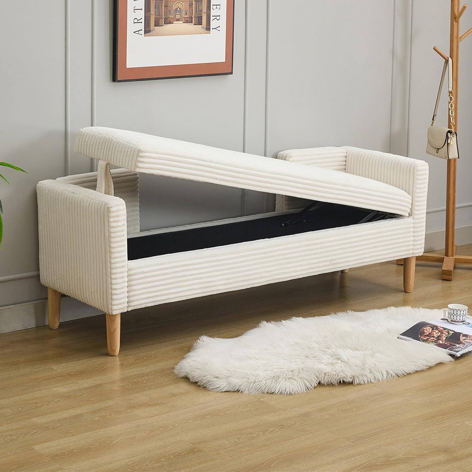 Corduroy Bed End Ottoman Bench with Storage,Upholstered Storage Benches with Back and Arms,65.35" Long Armed Storage Bench for Living Room,Bedroom,Entryway,Window (Ivory White, 65.35“)