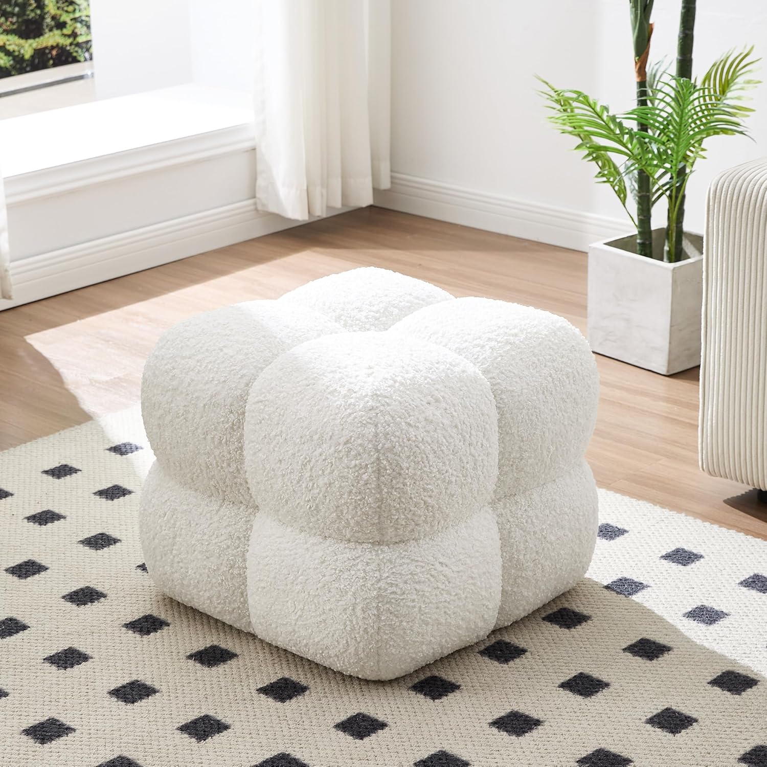 Zesthouse Square Pouf Ottomans Set of 2, Modern Backless Vanity Stool for Bedroom, White Fuzzy Foot Rest for Couch, Upholstered Tufted Footstool, Sherpa Fabric Ottoman Coffee Table for Living Room