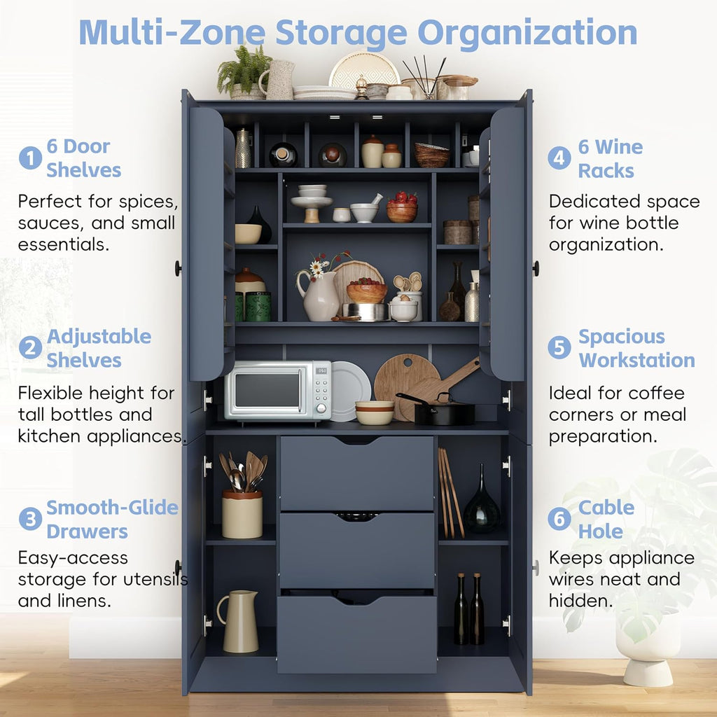 71" H Large Kitchen Pantry with 4 Doors, Freestanding Buffet with 3 Drawers, 6 Door Shelves and 6 Wine Racks, Wooden Storage Cabinet with Adjustable Shelves for Kitchen, Dining Room, Blue