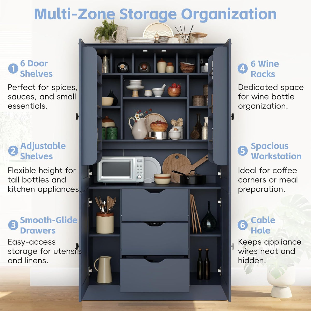 71" H Large Kitchen Pantry with 4 Doors, Freestanding Buffet with 3 Drawers, 6 Door Shelves and 6 Wine Racks, Wooden Storage Cabinet with Adjustable Shelves for Kitchen, Dining Room, Blue