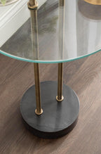 Kate and Laurel Cerullo Modern Round Glass Side Table with Marble Base, 16 x 16 x 24, Antique Brass and Black Marble, Glam Circle End Table for Use as Indoor Plant Stand or Bedroom Nightstand