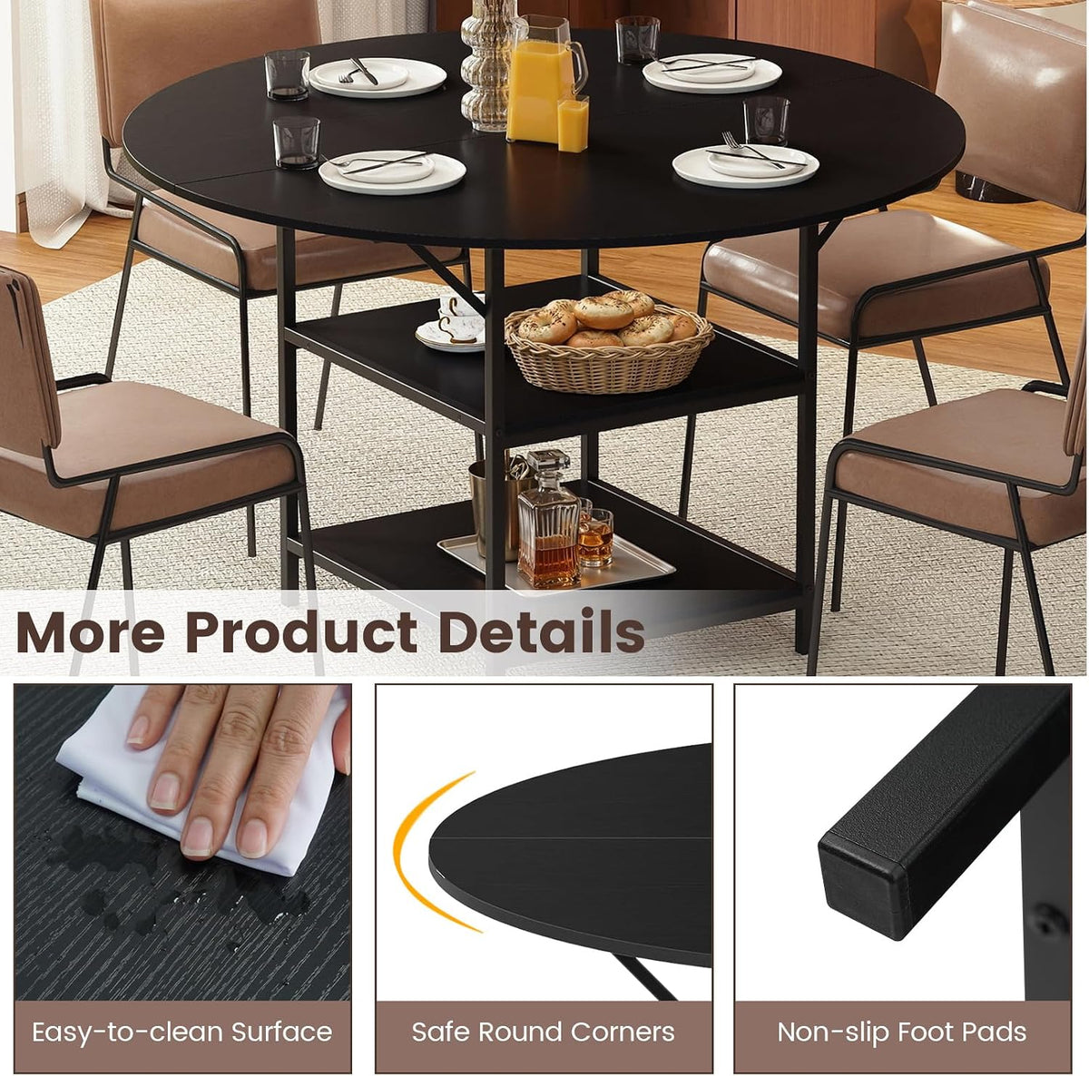 GOFLAME Round Dining Table for 4-6 People, 47” Kitchen Table with 2-Tier Storage Shelves and Heavy-Duty Metal Frame, Industrial Dinner Table for Kitchen, Dining Room, Apartment, Black