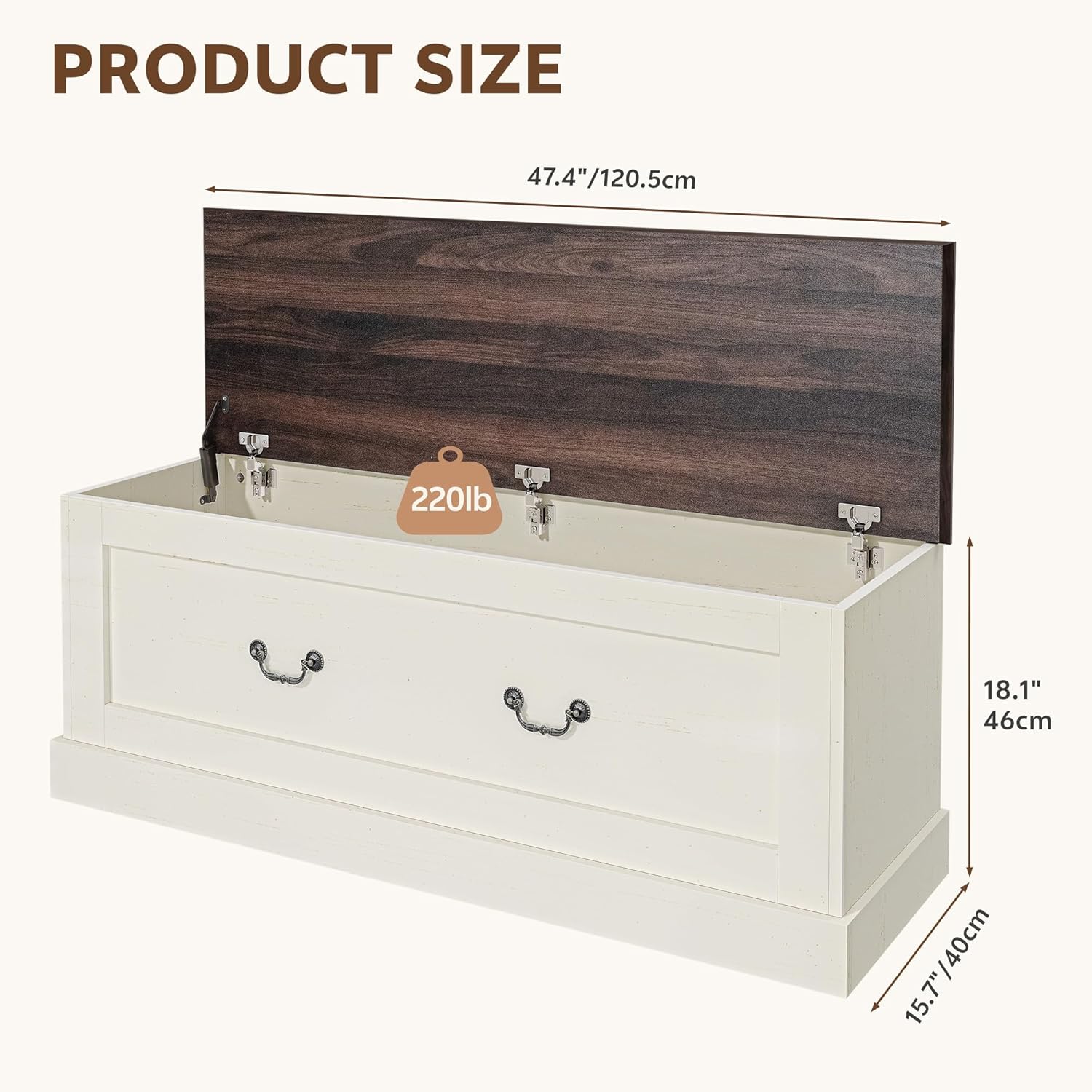 Storage Chest, 47.2" Storage Bench with 3 Safety Hinges, Entryway Bench with Lift Top, Farmhouse Style, Wooden Chest Organizer for Entryway Living Room Hallway, Off White