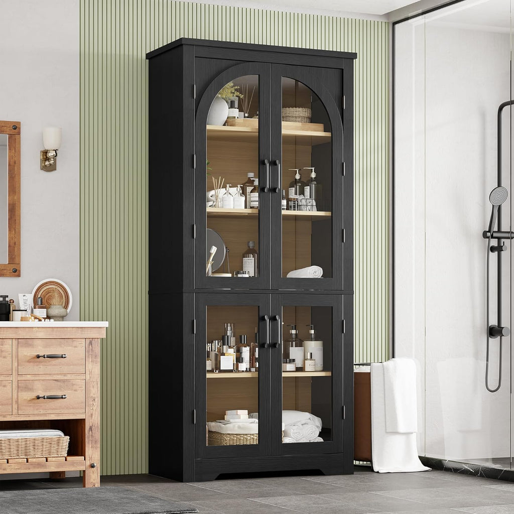 Garvee 70" Tall Kitchen Pantry Cabinet - Modern Display Cabinet with 4 Arched Glass Doors and Adjustable Shelves, Versatile Cupboard Organizers for Kitchen, Dining Room, Living Room, Bathroom, Black