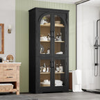 Garvee 70" Tall Kitchen Pantry Cabinet - Modern Display Cabinet with 4 Arched Glass Doors and Adjustable Shelves, Versatile Cupboard Organizers for Kitchen, Dining Room, Living Room, Bathroom, Black