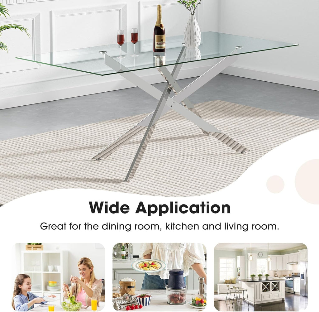 Modern Glass Dining Table Set for 6, 60" Glass Kitchen Table and Chairs Set of 6, Dining Room Table Set for 6 with Pu Leather Chairs, 7 Piece Dining Table Set for Small Space Apartment, White & Silver