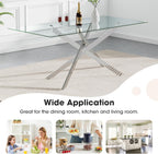 Modern Glass Dining Table Set for 6, 60" Glass Kitchen Table and Chairs Set of 6, Dining Room Table Set for 6 with Pu Leather Chairs, 7 Piece Dining Table Set for Small Space Apartment, White & Silver