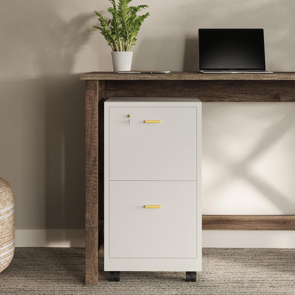 Lavish Home 2 Drawer File Cabinet - Filing Cabinet with Lock - Rolling File Cabinet for Under Desk Storage - Wood Filing Cabinet for Home or Office Organization (White)