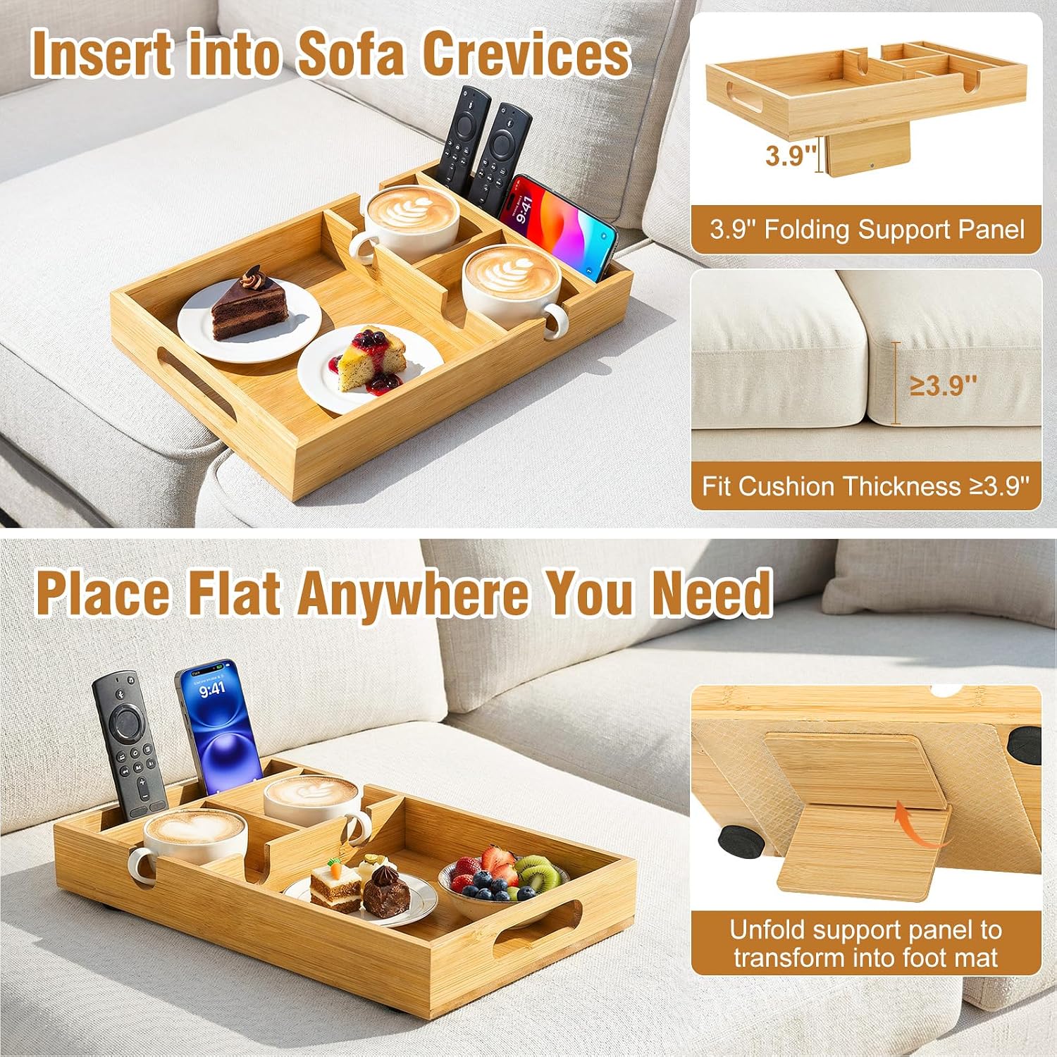 Couch Tray Insert for Middle Seat, Couch Table with 2 Cup Holders | Fits Armless Sofa & Sectionals, Sofa Armrest Organizer for Snacks, Drinks, Remotes, Phones, Bamboo