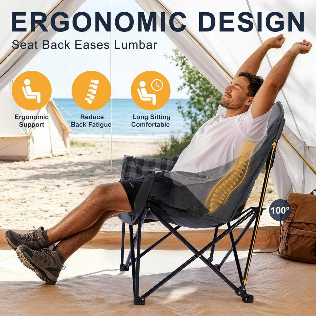 Oversized Camping Chair for Adults, 500 LBS Heavy Duty Folding Chair, Plaid | Big & Tall Adults, Padded Camping Chair, 600D Oxford Fabric, Cup Holder, Side Pocket, Lawn Chair, Beach, Fishing
