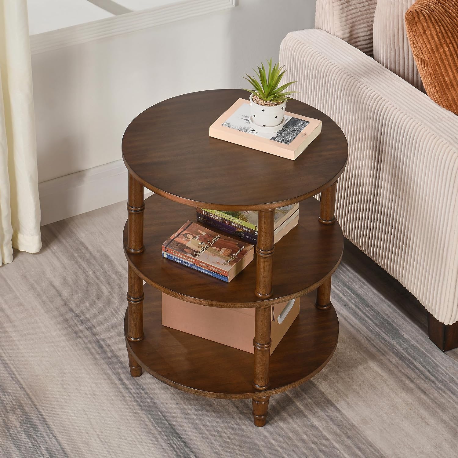 Round End Table with Storage Shelf, 19.7" High Sofa Side Table- with Bamboo Design, 3-Tier Beside Tables, Modern Telephone Tables- for Living Room, Corner, No-Tools Assembly, Walnut YBZ-D4166-LWA