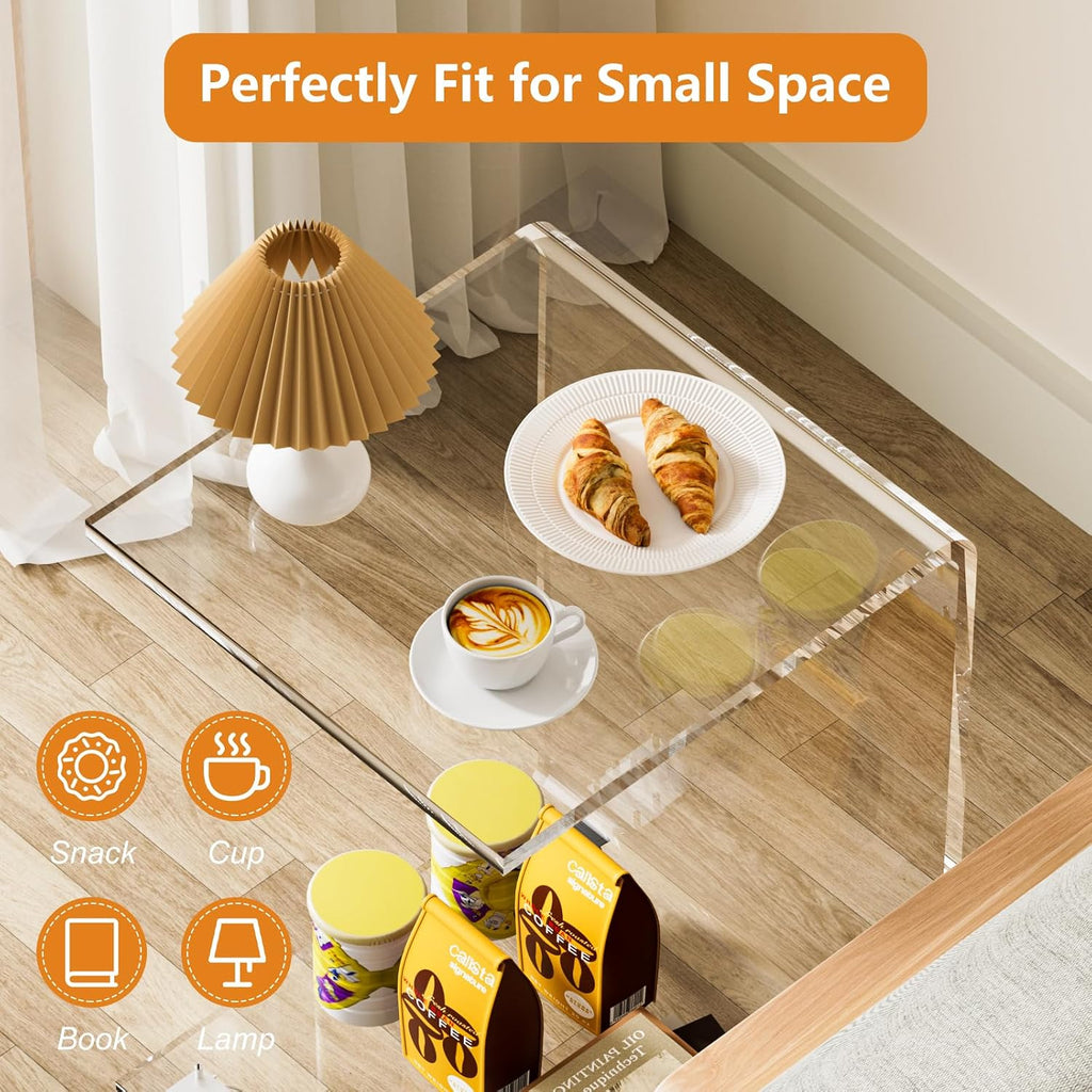 Acrylic Side Table with Wheels, Movable C Shaped Sofa Table with Storage, Rolling Nightstand, Clear End Table for Living Room, Bedroom, Office, Bedside, Couch