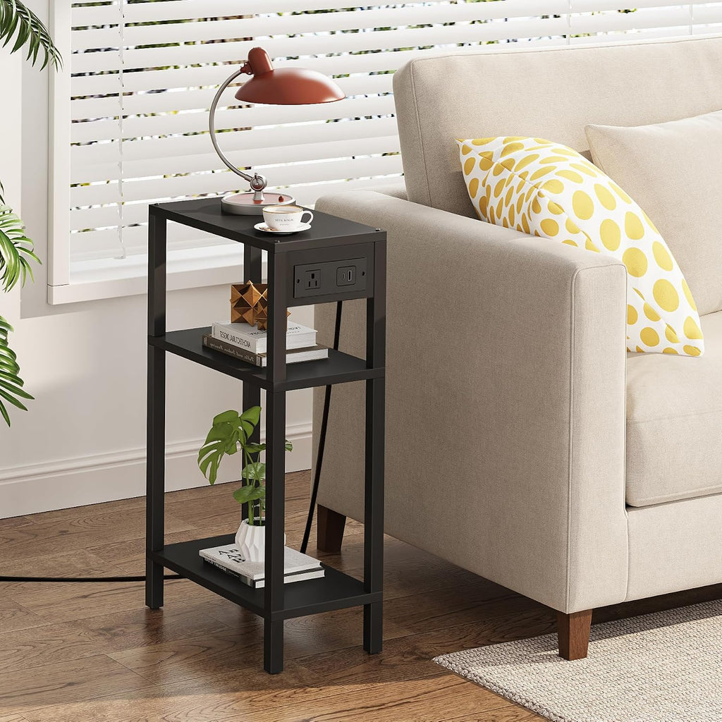 TUTOTAK Narrow Side Table, 3-Tier Small End Table with Charging Station | Skinny Sofa Table, Slim Nightstand, Easy Assembly for Living Room, Bedroom, Black TB01BK079