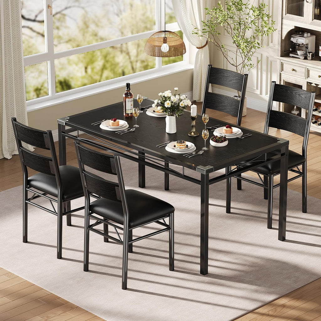 IDEALHOUSE Wood Dining Table Set for 4 with Corner Protector, Kitchen Table Chairs Set of 4 with Upholstered Chairs, Dining Room Table Set for 4, for Dining Room, Apartment,Retro Black