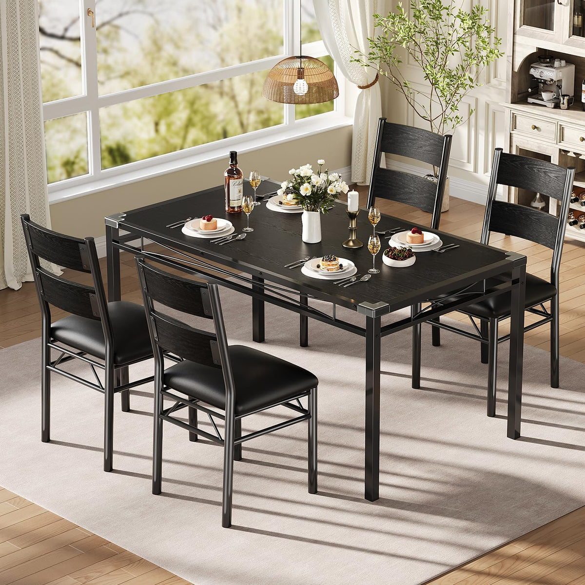 IDEALHOUSE Wood Dining Table Set for 4 with Corner Protector, Kitchen Table Chairs Set of 4 with Upholstered Chairs, Dining Room Table Set for 4, for Dining Room, Apartment,Retro Black