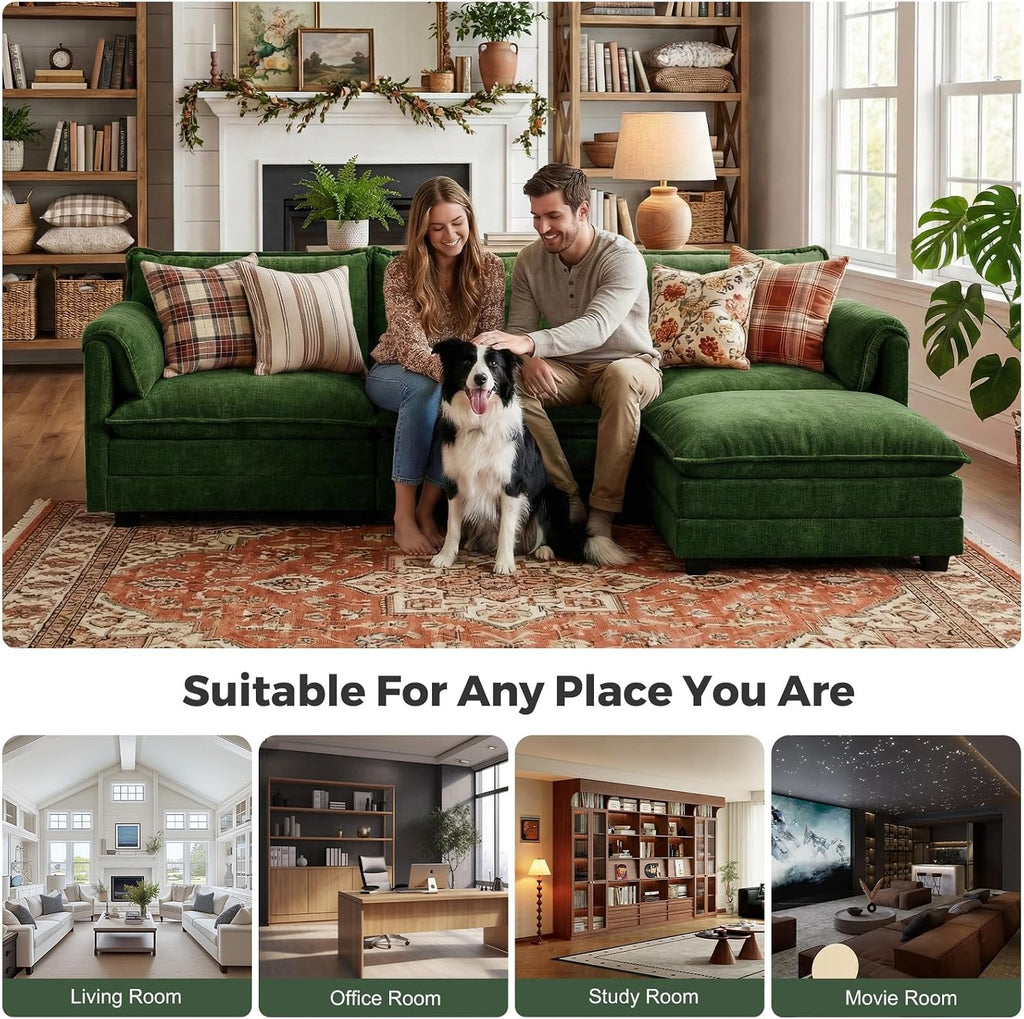 ELUCHANG 113" Oversized Modular Sectional Sofa, Comfy Chenille Cloud Couch, 4-Seater L Shaped Modern Deep Seat Sofa w/Removable Covers for Living Room, Bedroom, DIY Combination - Green