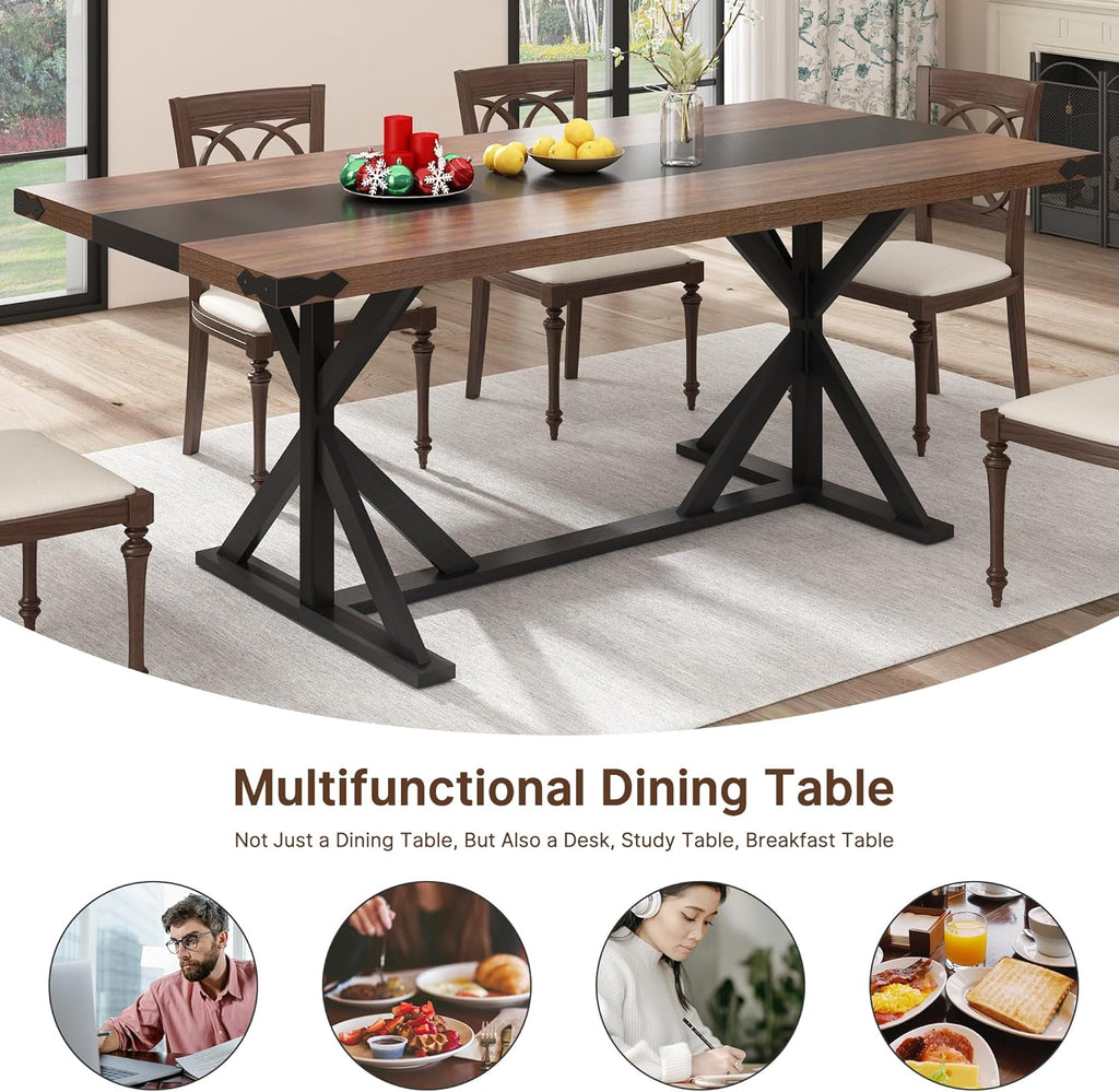 Hlivelood 71 Inch Dining Table for 6 People, Rectangular Kitchen Farmhouse Table W/Thickness Waterproof Wood Tabletop,Long Dining Room Tables W/Wood Strip Base for Kitchen Living Room(Brown&Black)