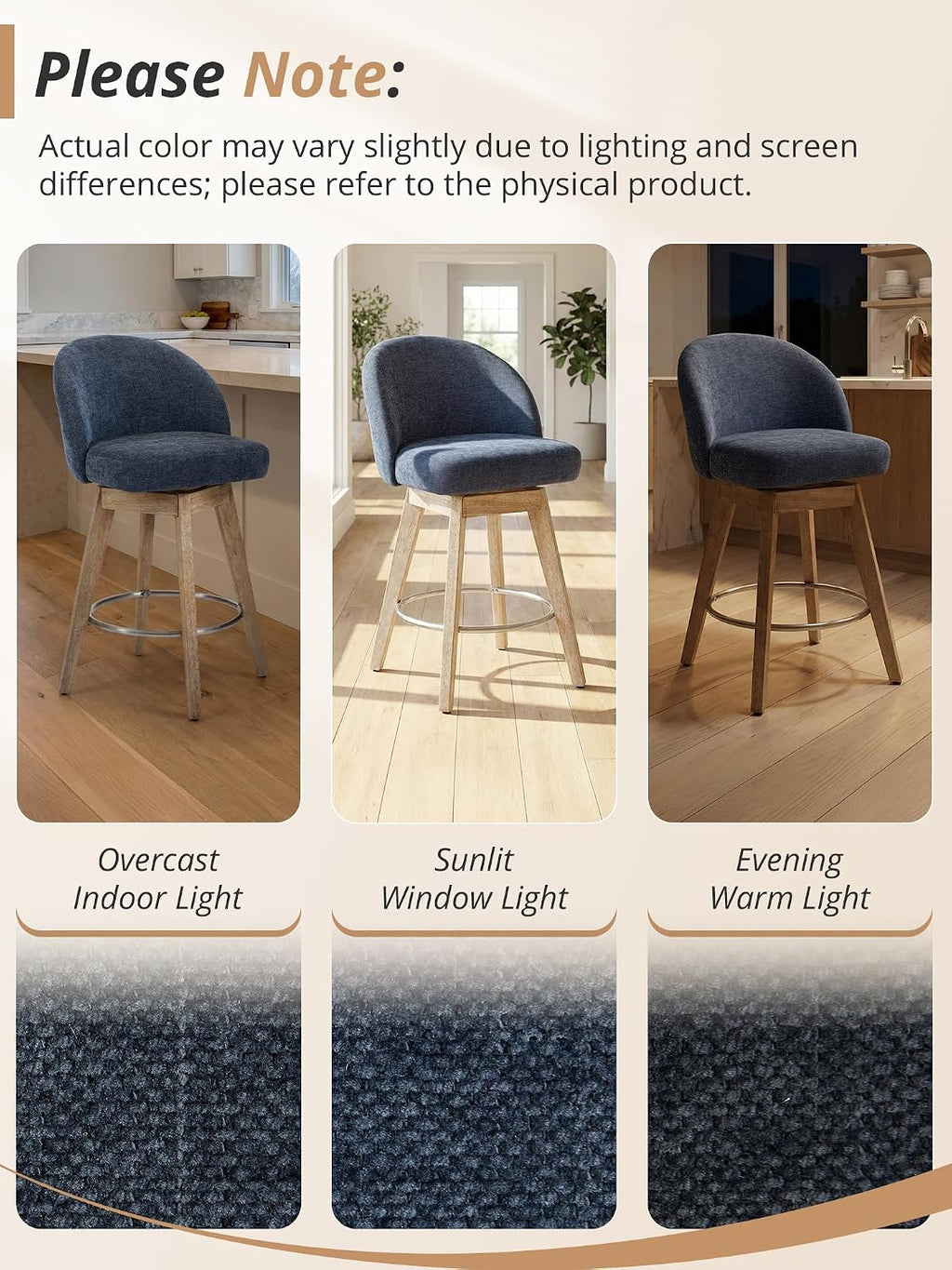 LUE BONA 360° Swivel Bar Stools Set of 4, 26" Wood Legs, Fabric Blue
