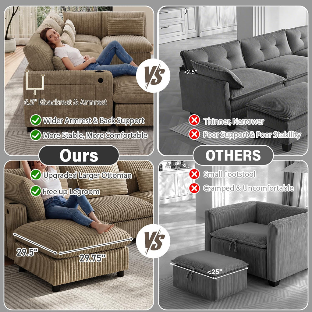 130" Oversized Cloud Couch Large Modular Sectional Sofa Modern U Shaped Sectional Couch 6 Deep Seat Sofa Set for Living Room Comfy Corduroy Cloud Sofa with Ottoman, USB Port, Cup Holder, Light Brown