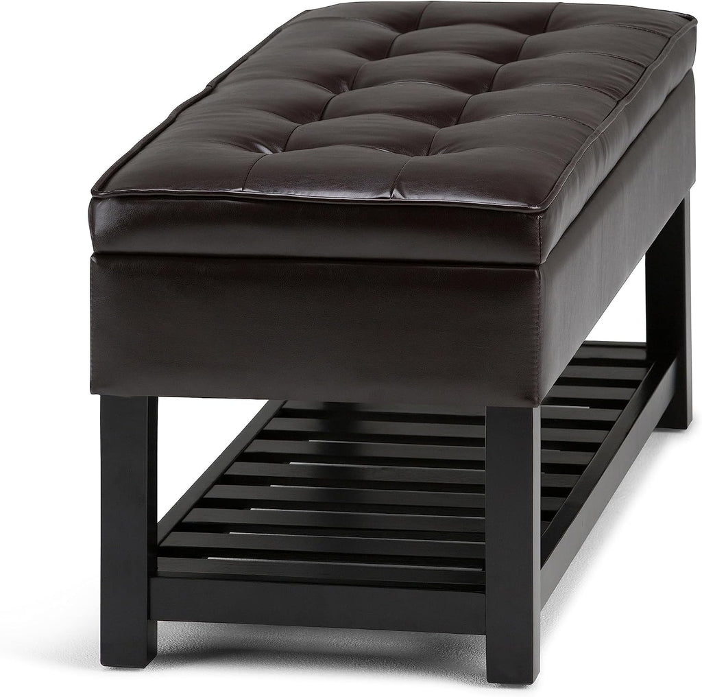 SIMPLIHOME Cosmopolitan 44" Wide Vegan Leather Storage Ottoman in Brown | Tanners brown, transitional storage ottoman bench with tufted lift-top and open shelf; rectangle footstool or footrest.