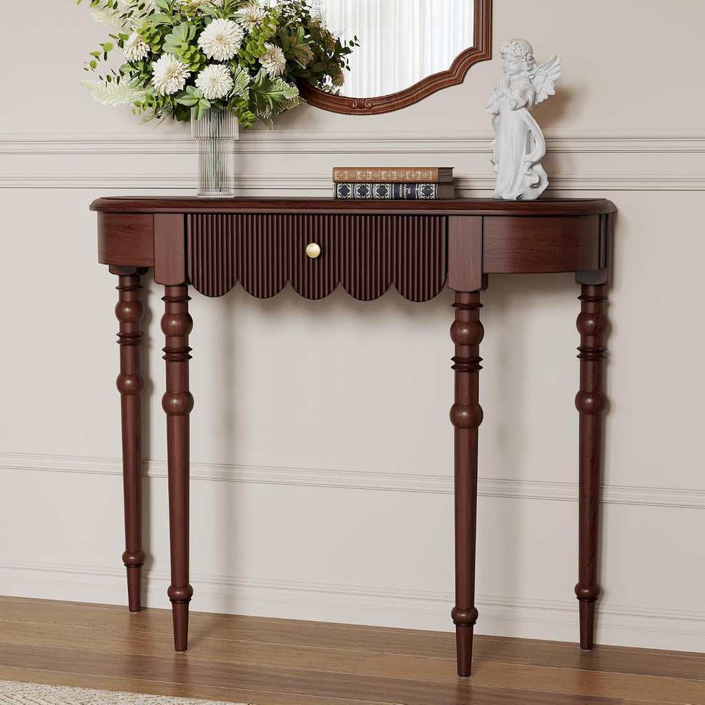 Solid Wood Console Table with Drawer – Dark Walnut Entryway Table with Scalloped Edge and Straight Legs, Narrow Accent Sofa Table for Living Room or Hallway(Dark Walnut)
