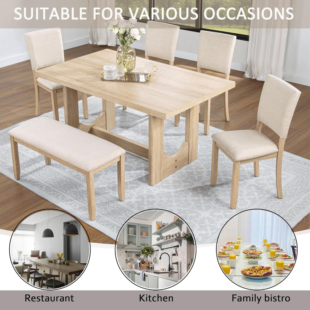 Harper & Bright Designs Modern 6-Piece Dining Table Set with Bench & 4 Upholstered Chairs, Light Oak Rectangular Kitchen Table for 6, U-Shaped Base, Farmhouse Rustic for Dining Room Living Room