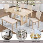 Harper & Bright Designs Modern 6-Piece Dining Table Set with Bench & 4 Upholstered Chairs, Light Oak Rectangular Kitchen Table for 6, U-Shaped Base, Farmhouse Rustic for Dining Room Living Room