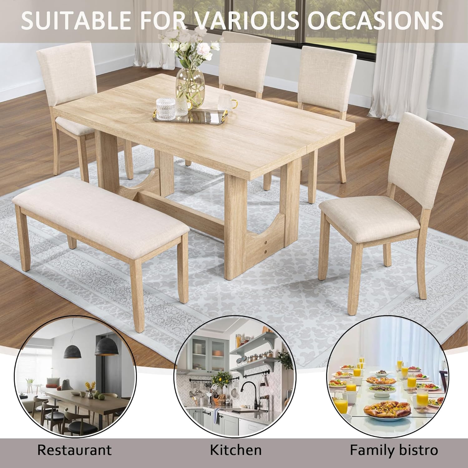 Harper & Bright Designs Modern 6-Piece Dining Table Set with Bench & 4 Upholstered Chairs, Light Oak Rectangular Kitchen Table for 6, U-Shaped Base, Farmhouse Rustic for Dining Room Living Room