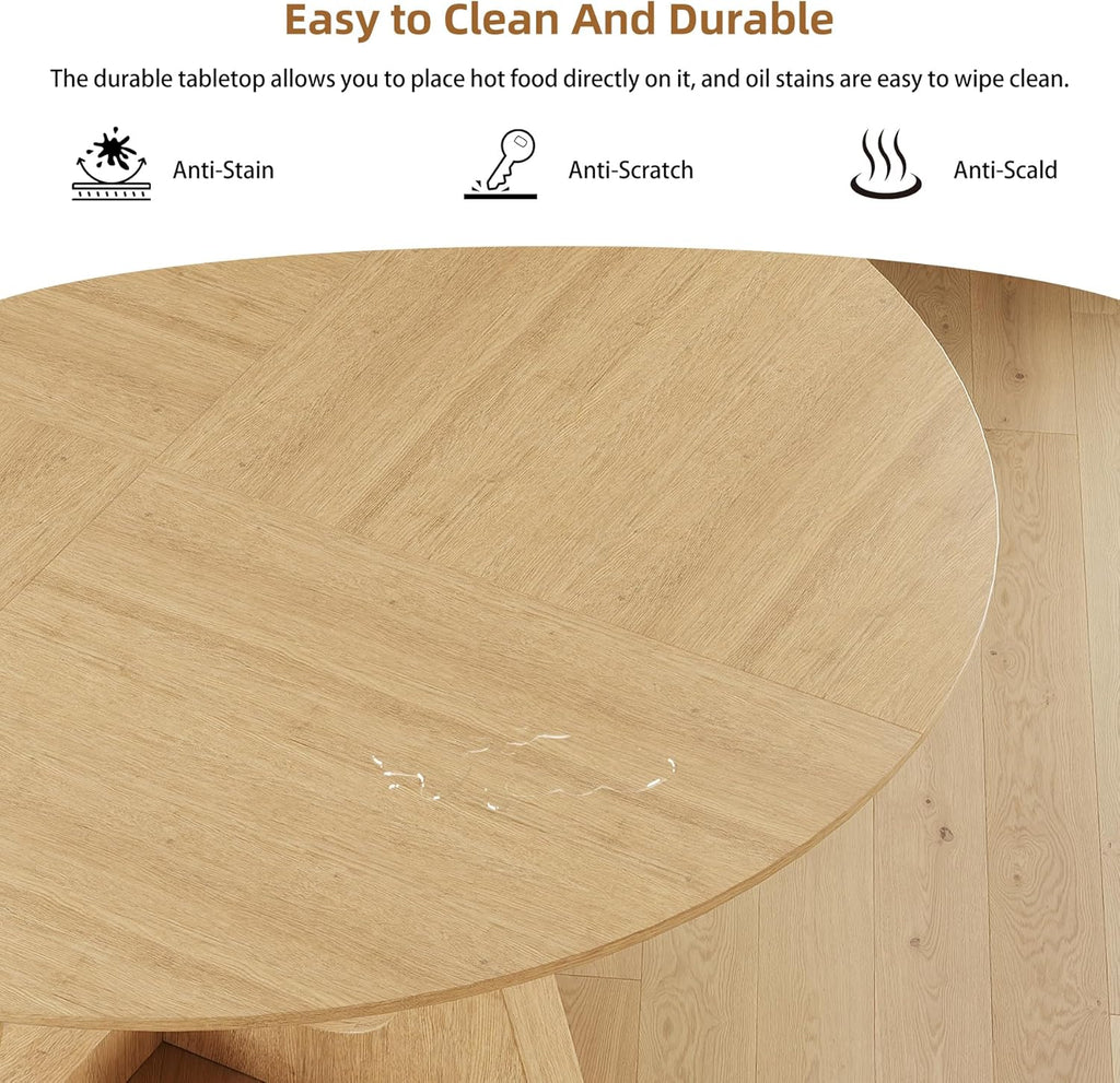 55.25" Round Dining Table for 4-6 People, Farmhouse Circle Kitchen Table with Geometric Base, Wooden Dinner Table for Dining Room Kitchen Living Room, Natural Oak
