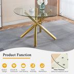 Round Glass Dining Table Set for 4, Small Kitchen Table Set for 4, 47" Circle Gold Glass Dinner Table for 4 with Navy Blue Velvet Chairs, 5 Piece Dining Room Table Set for 4 for Breakfast Dinette Cafe