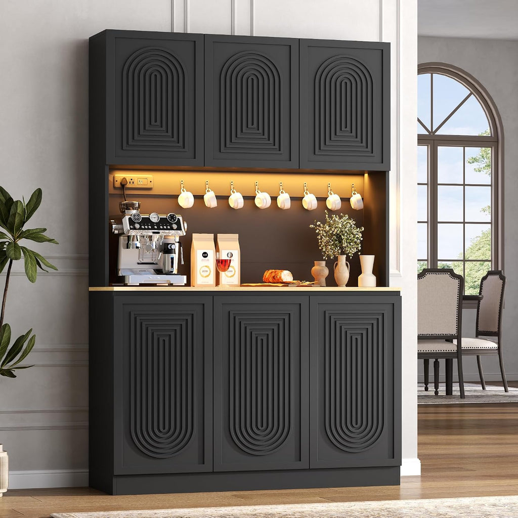 71" Black Kitchen Pantry with Power Outlet, Kitchen Hutch with LED Light | Tall Modern Buffet Cabine with Countertop, Large Food Pantry Storage with Adjustable Shelf for Dining Room (Black 6 Doors)