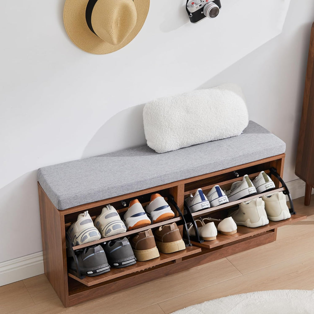 Narrow Shoe Storage Bench for Entryway, Wooden Shoe Cabinet with Flip Drawers& Adjustable Shelves, Shoe Rack Bench with Cushion, Shoe Organizer with Fluted Pattern for Hallway, Living Room (Walnut)