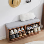 Narrow Shoe Storage Bench for Entryway, Wooden Shoe Cabinet with Flip Drawers& Adjustable Shelves, Shoe Rack Bench with Cushion, Shoe Organizer with Fluted Pattern for Hallway, Living Room (Walnut)