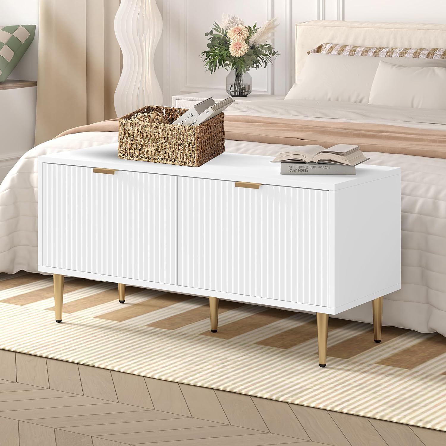 IDEALHOUSE Shoe Storage Bench, 42" Wooden Storage Chest, Loads 300 lb, Easy Assembly, Storage Ottoman Bench for Entryway Bedroom Living Room, White