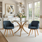 Swivel Dining Chairs Set of 2, Mid Century Modern Dining Chairs with Arms and Wood Legs, Linen Fabric Upholstered Kitchen Chairs for Dining Room Living Room, Comfortable Widen Seat, Blue