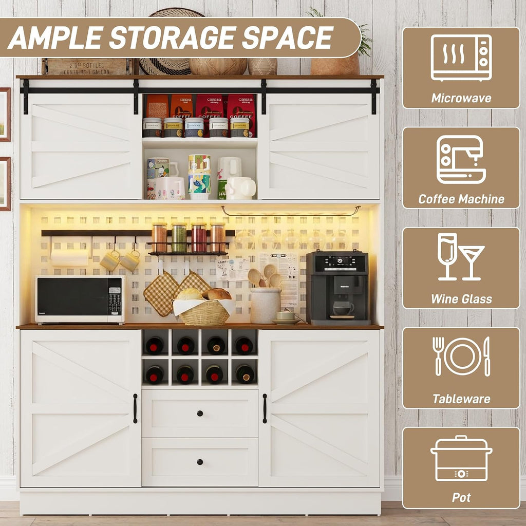 75”Tall 63"W Extra Large Farmhouse Kitchen Storage Pantry Hutch Cabinet w/Power Outlet,Pegboard,Coffee Bar Cabinets,LED Light,Microwave Shelf,Wine Rack,4 Barn Doors,2 Drawers, Dining Room,Black