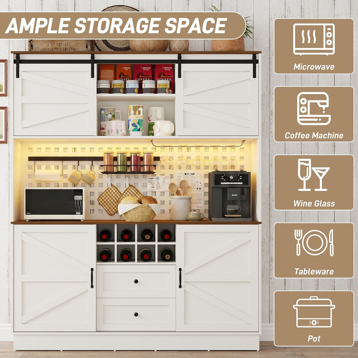 75”Tall 63"W Extra Large Farmhouse Kitchen Storage Pantry Hutch Cabinet w/Power Outlet,Pegboard,Coffee Bar Cabinets,LED Light,Microwave Shelf,Wine Rack,4 Barn Doors,2 Drawers, Dining Room,Black